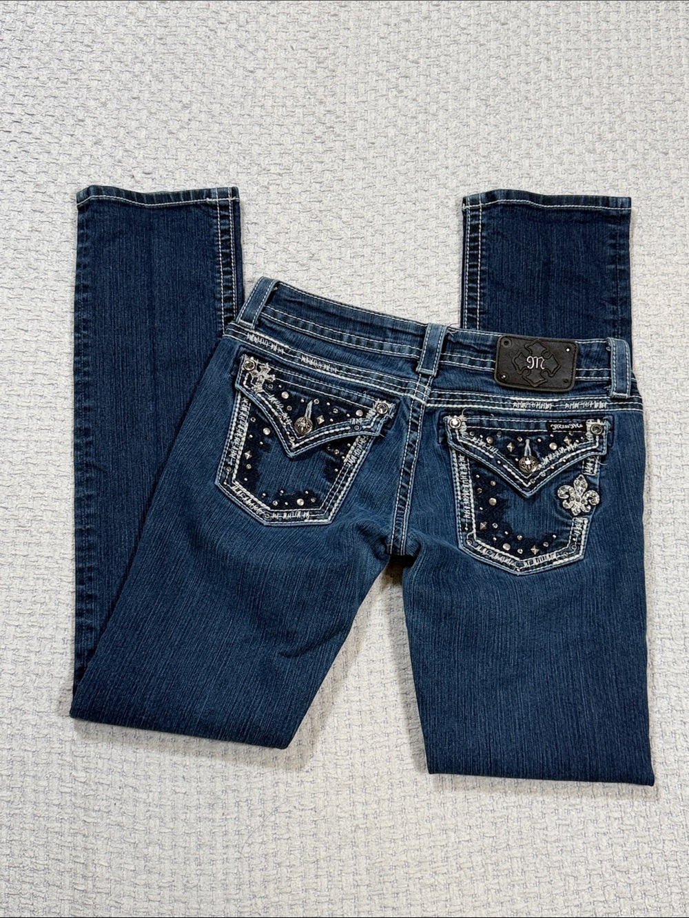 Miss Me Straight Leg Jeans Dark Blue JE5685T2L White Stitching Bling Size 27